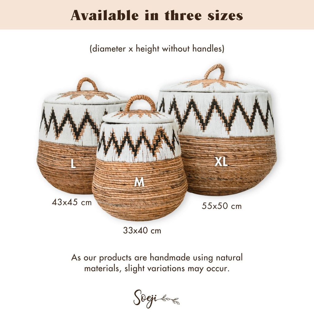 Wasmand met deksel – Boho Wasmand Rond – Grote Boho Mand – Geweven Mand met Katoenpatroon PALEM (3 maten Ø33/43/55cm)