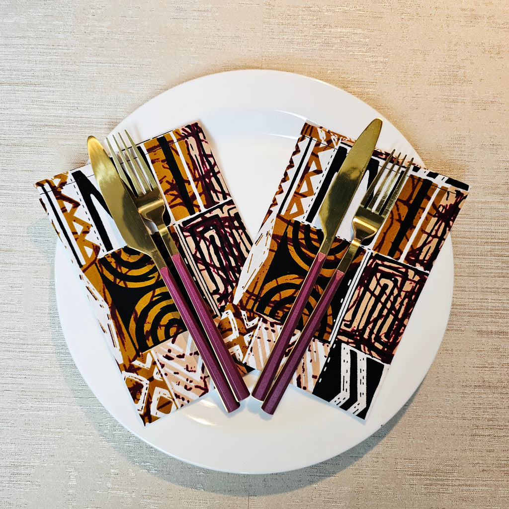 Set of 4 | 8 Napkins | 40x40cm | Black Mudcloth Print, Ankara Wax, 100% Cotton